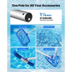 pool pole, 3.4 to 15 ft telescoping swimming pool cleaning poles, professional adjustable telescopic pole with 2 extension poles, heavy duty cleaner stick for skimmer net, brush, vacuum head