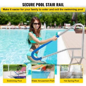 pool rail 55x32 pool railing 304 stainless steel 250lbs load capacity silver rustproof pool handrail humanized swimming pool handrail with blue grip cover & m8 drill bit & self taping screws