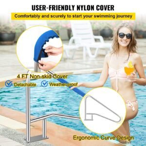 pool rail 55x32 pool railing 304 stainless steel 250lbs load capacity silver rustproof pool handrail humanized swimming pool handrail with blue grip cover & m8 drill bit & self taping screws