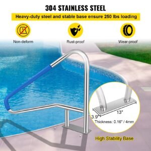 pool rail 55x32 pool railing 304 stainless steel 250lbs load capacity silver rustproof pool handrail humanized swimming pool handrail with blue grip cover & m8 drill bit & self taping screws