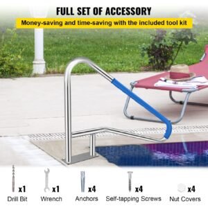 pool rail 55x32 pool railing 304 stainless steel 250lbs load capacity silver rustproof pool handrail humanized swimming pool handrail with blue grip cover & m8 drill bit & self taping screws
