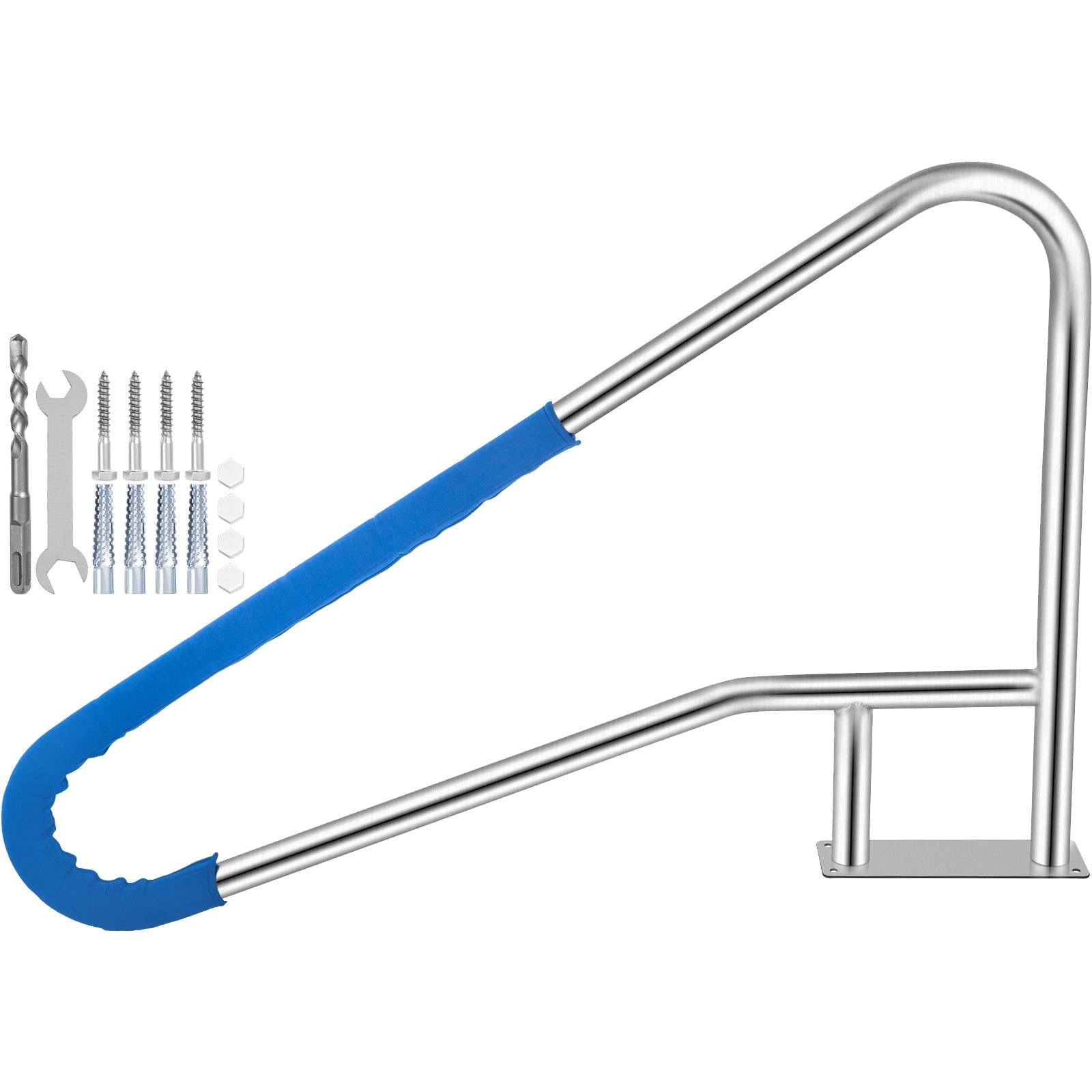 pool rail 55x32 pool railing 304 stainless steel 250lbs load capacity silver rustproof pool handrail humanized swimming pool handrail with blue grip cover & m8 drill bit & self taping screws