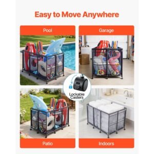 pool storage bin, 48.8 x 32.7 x 32.7 in, rolling pool float storage organizer with side pockets & casters, heavy duty metal frame, poolside toys noodles holder mesh basket for swimming pools
