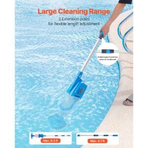 pool vacuum, 26 gpm handheld cordless hot tub vacuum with extension pole, for deep cleaning & strong suction, rechargeable pool cleaner, running up to 1hour, for above ground/inground pool spas