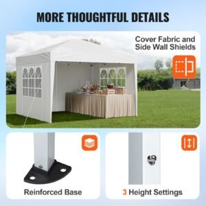 pop up canopy, 10 x 10 ft instant canopy portable gazebo with 3 sidewalls & 2 ventilated windows, height adjustable pop up outdoor shelter tent for events, patio, backyard, party, parking