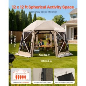 pop up gazebo screen tent, 12 x 12 ft, 13 sided spherical camping canopy tent with removable top & carry bag, quick set & bite proof, screen house sun shelter for 8 10 persons, beige