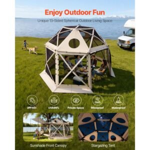 pop up gazebo screen tent, 12 x 12 ft, 13 sided spherical camping canopy tent with removable top & carry bag, quick set & bite proof, screen house sun shelter for 8 10 persons, beige