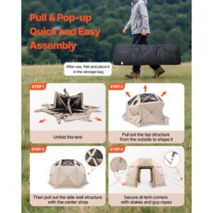 pop up gazebo screen tent, 12 x 12 ft, 13 sided spherical camping canopy tent with removable top & carry bag, quick set & bite proof, screen house sun shelter for 8 10 persons, beige
