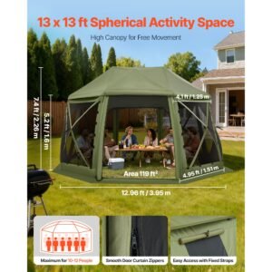 pop up gazebo screen tent, 13 x 13 ft, 13 sided spherical camping canopy tent with removable top & carry bag, quick set & bite proof, screen house sun shelter for 10 12 persons, green