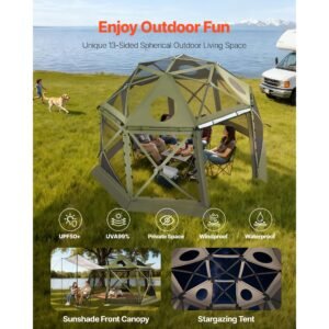 pop up gazebo screen tent, 13 x 13 ft, 13 sided spherical camping canopy tent with removable top & carry bag, quick set & bite proof, screen house sun shelter for 10 12 persons, green