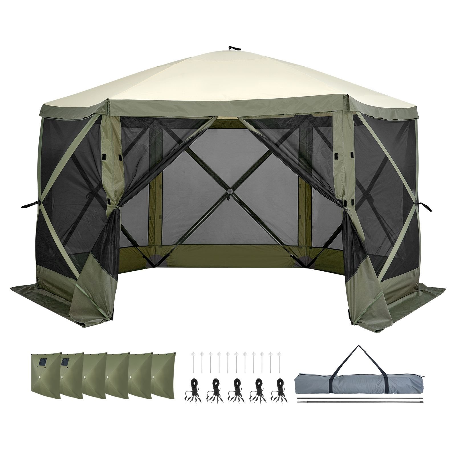 pop up gazebo tent, pop up screen tent 6 sided canopy sun shelter with 6 removable privacy wind cloths & mesh windows, 12x12ft quick set screen tent with mosquito netting, army green