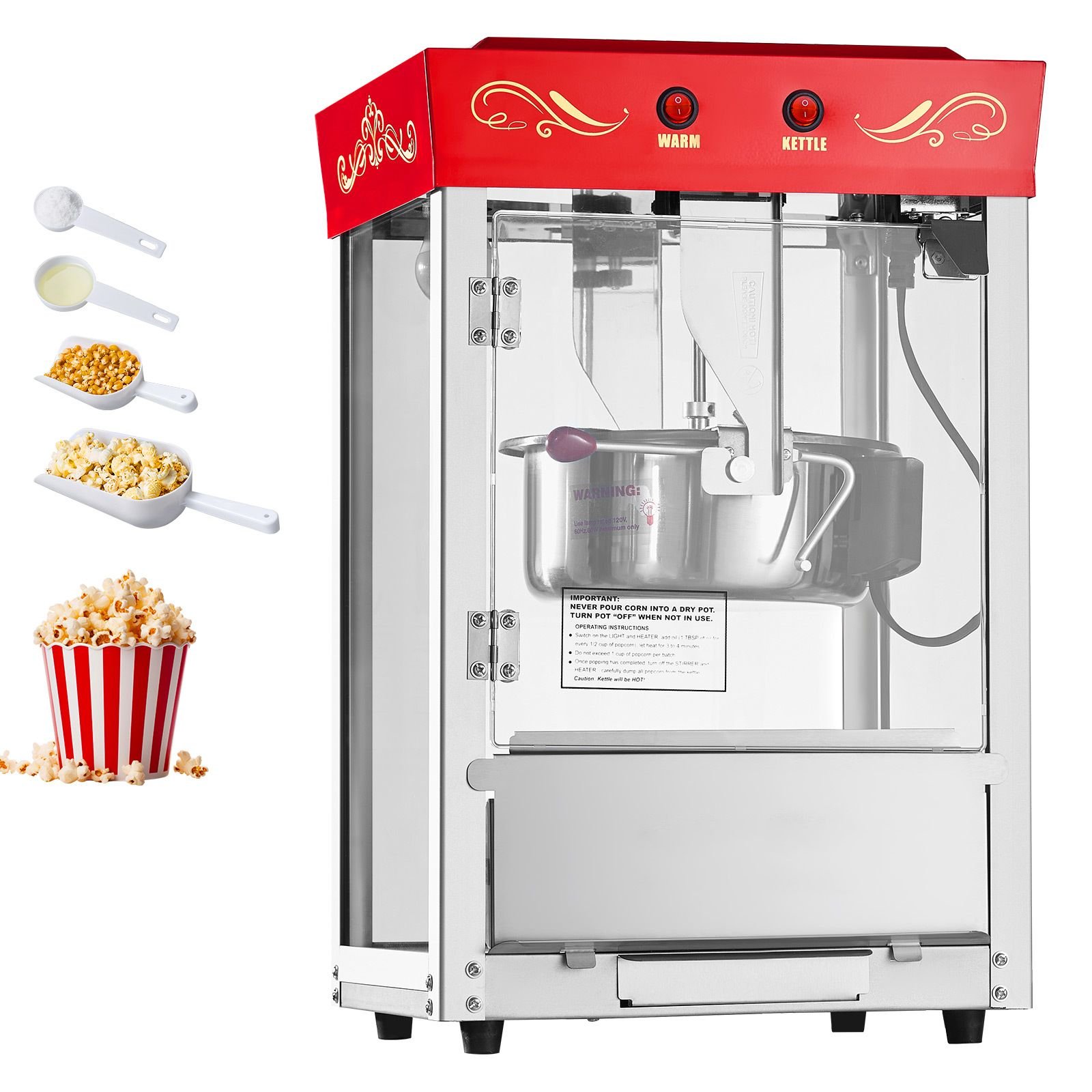 popcorn machine, 8oz stainless steel kettle, 800w commercial countertop popcorn maker, 48 cups per batch theater style popper, with 2 button control glass wall pc door 1 scoop 3 spoons, red