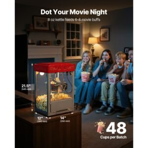 popcorn machine, 8oz stainless steel kettle, 800w commercial countertop popcorn maker, 48 cups per batch theater style popper, with 2 button control glass wall pc door 1 scoop 3 spoons, red