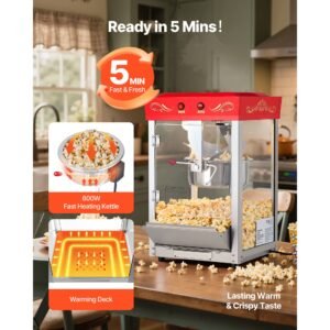 popcorn machine, 8oz stainless steel kettle, 800w commercial countertop popcorn maker, 48 cups per batch theater style popper, with 2 button control glass wall pc door 1 scoop 3 spoons, red