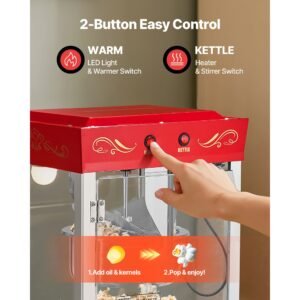 popcorn machine, 8oz stainless steel kettle, 800w commercial countertop popcorn maker, 48 cups per batch theater style popper, with 2 button control glass wall pc door 1 scoop 3 spoons, red