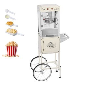 Popcorn Machine with Cart, 8oz Stainless Steel Kettle, 800W Commercial Popcorn Maker, 48 Cups per Batch Theater Style Popper, with 2-Button Control Glass Wall PC Door 1 Scoop 3 Spoons, White