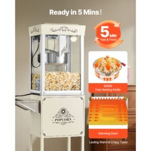 popcorn machine with cart, 8oz stainless steel kettle, 800w commercial popcorn maker, 48 cups per batch theater style popper, with 2 button control glass wall pc door 1 scoop 3 spoons, white
