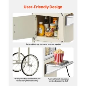 popcorn machine with cart, 8oz stainless steel kettle, 800w commercial popcorn maker, 48 cups per batch theater style popper, with 2 button control glass wall pc door 1 scoop 3 spoons, white