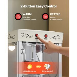 popcorn machine with cart, 8oz stainless steel kettle, 800w commercial popcorn maker, 48 cups per batch theater style popper, with 2 button control glass wall pc door 1 scoop 3 spoons, white