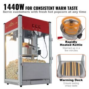 popcorn maker, 1440w popcorn popper machine, 12 oz kettle makes 80 cups per batch, countertop popcorn maker with tempered glass, 3 stainless steel scoops, movie theater style, red