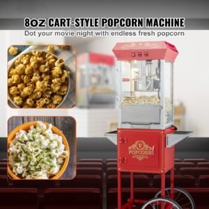 popcorn maker with cart, 850w popcorn popper machine, 8 oz kettle makes 48 cups per batch, popcorn maker equipped with tempered glass, includes 4 scoops, movie theater style, red