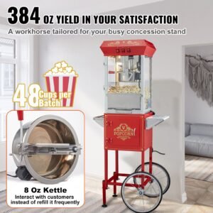 popcorn maker with cart, 850w popcorn popper machine, 8 oz kettle makes 48 cups per batch, popcorn maker equipped with tempered glass, includes 4 scoops, movie theater style, red