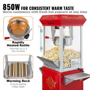 popcorn maker with cart, 850w popcorn popper machine, 8 oz kettle makes 48 cups per batch, popcorn maker equipped with tempered glass, includes 4 scoops, movie theater style, red
