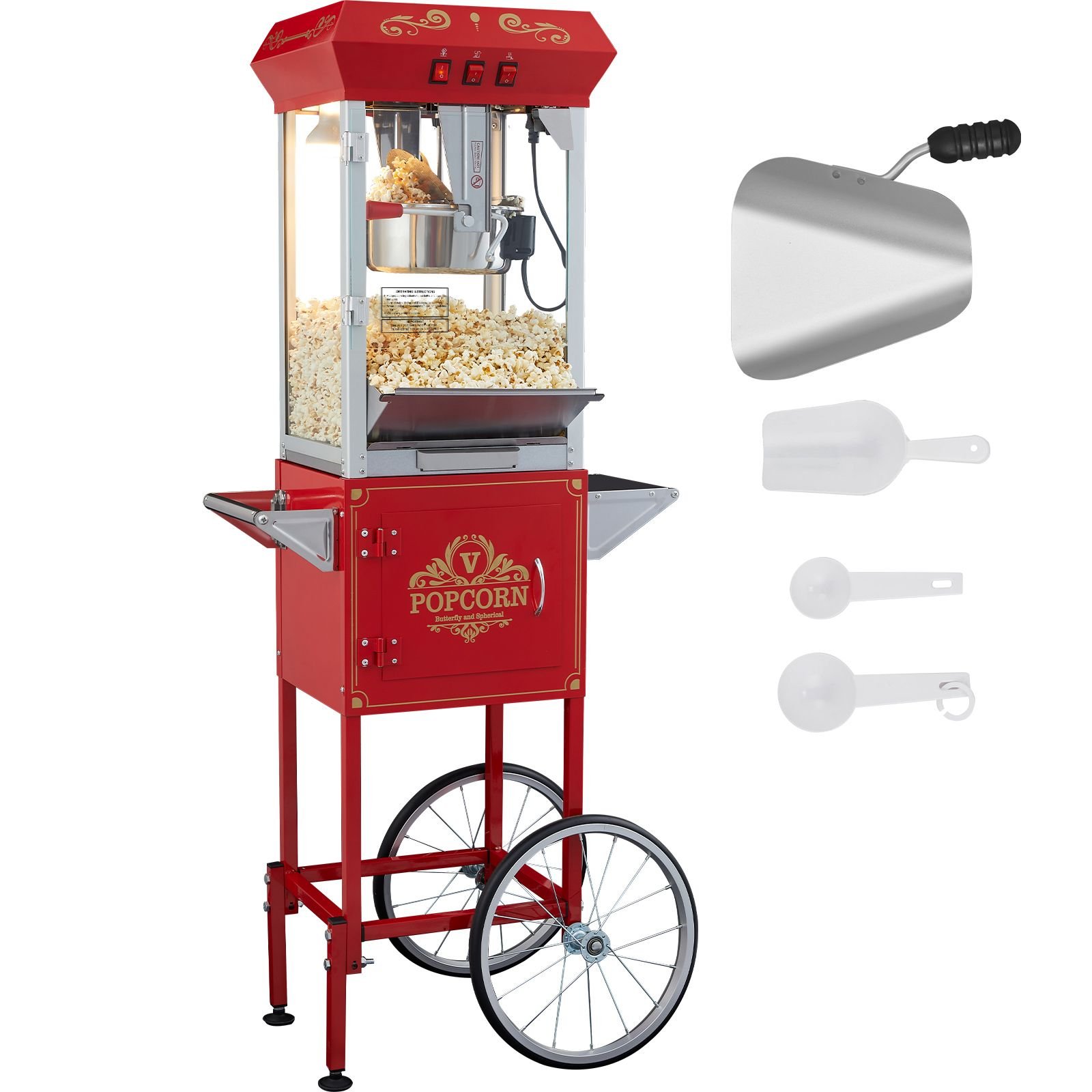 popcorn maker with cart, 850w popcorn popper machine, 8 oz kettle makes 48 cups per batch, popcorn maker equipped with tempered glass, includes 4 scoops, movie theater style, red