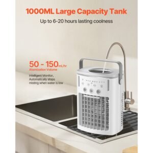 portable air conditioner, 4 in 1 evaporative air cooler with remote control, 3 speed mini air conditioner with timer, 3 mist levels, 1l water tank, 120° oscillating mini ac fan for desktop home