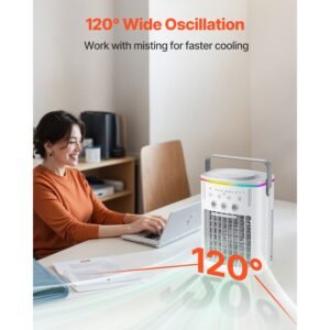portable air conditioner, 4 in 1 evaporative air cooler with remote control, 3 speed mini air conditioner with timer, 3 mist levels, 1l water tank, 120° oscillating mini ac fan for desktop home