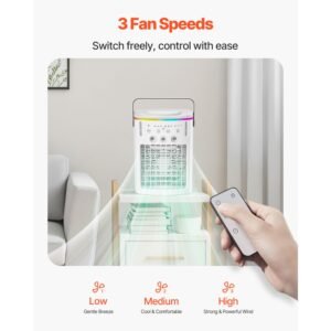 portable air conditioner, 4 in 1 evaporative air cooler with remote control, 3 speed mini air conditioner with timer, 3 mist levels, 1l water tank, 120° oscillating mini ac fan for desktop home