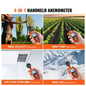 portable anemometer, temperature range 14 fahrenheit 113 fahrenheit, equipped with led backlit display, captures wind speed, temperature, air volume, and chill factor