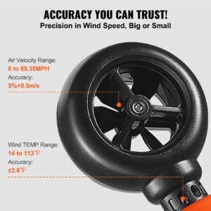 portable anemometer, temperature range 14 fahrenheit 113 fahrenheit, equipped with led backlit display, captures wind speed, temperature, air volume, and chill factor