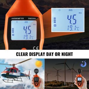portable anemometer, temperature range 14 fahrenheit 113 fahrenheit, equipped with led backlit display, captures wind speed, temperature, air volume, and chill factor