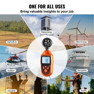portable anemometer, temperature range 14 fahrenheit 113 fahrenheit, equipped with led backlit display, captures wind speed, temperature, air volume, and chill factor