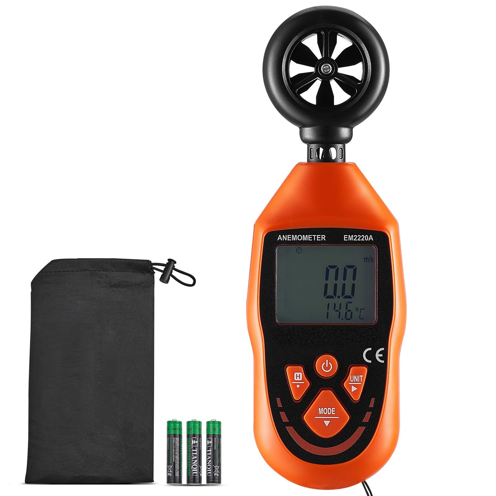 portable anemometer, temperature range 14 fahrenheit 113 fahrenheit, equipped with led backlit display, captures wind speed, temperature, air volume, and chill factor