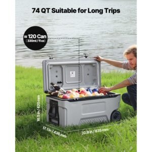 portable cooler, 74 qt wheeled cooler with ice retention, heavy duty handles and cup holder, lightweight rigid material insulated portable cooler, suitable for family picnics and long trips