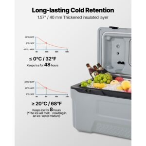portable cooler, 74 qt wheeled cooler with ice retention, heavy duty handles and cup holder, lightweight rigid material insulated portable cooler, suitable for family picnics and long trips