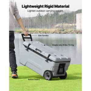 portable cooler, 74 qt wheeled cooler with ice retention, heavy duty handles and cup holder, lightweight rigid material insulated portable cooler, suitable for family picnics and long trips