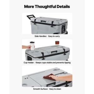 portable cooler, 74 qt wheeled cooler with ice retention, heavy duty handles and cup holder, lightweight rigid material insulated portable cooler, suitable for family picnics and long trips