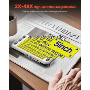 portable digital magnifier, 5 inch hd electronic video magnifier for low version, 2x 48x electronic reading aid with 13mp near & far dual lens, 26 color mode, av/hdmi output & foldable handle
