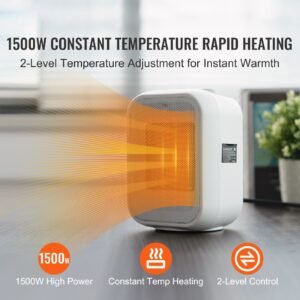 portable electric space heater with thermostat, 1000w/1500w 2 level adjustable quiet ceramic heater fan, 9 in tip over shutdown flame retardant pp small heaters for office room desk indoor use
