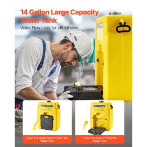 portable eye wash station 14 gal, osha approved eyewash station wall mounted/on flat surface, emergency eye wash unit with 2 sprays, first aid eyewash units for schools, labs, factories, yellow