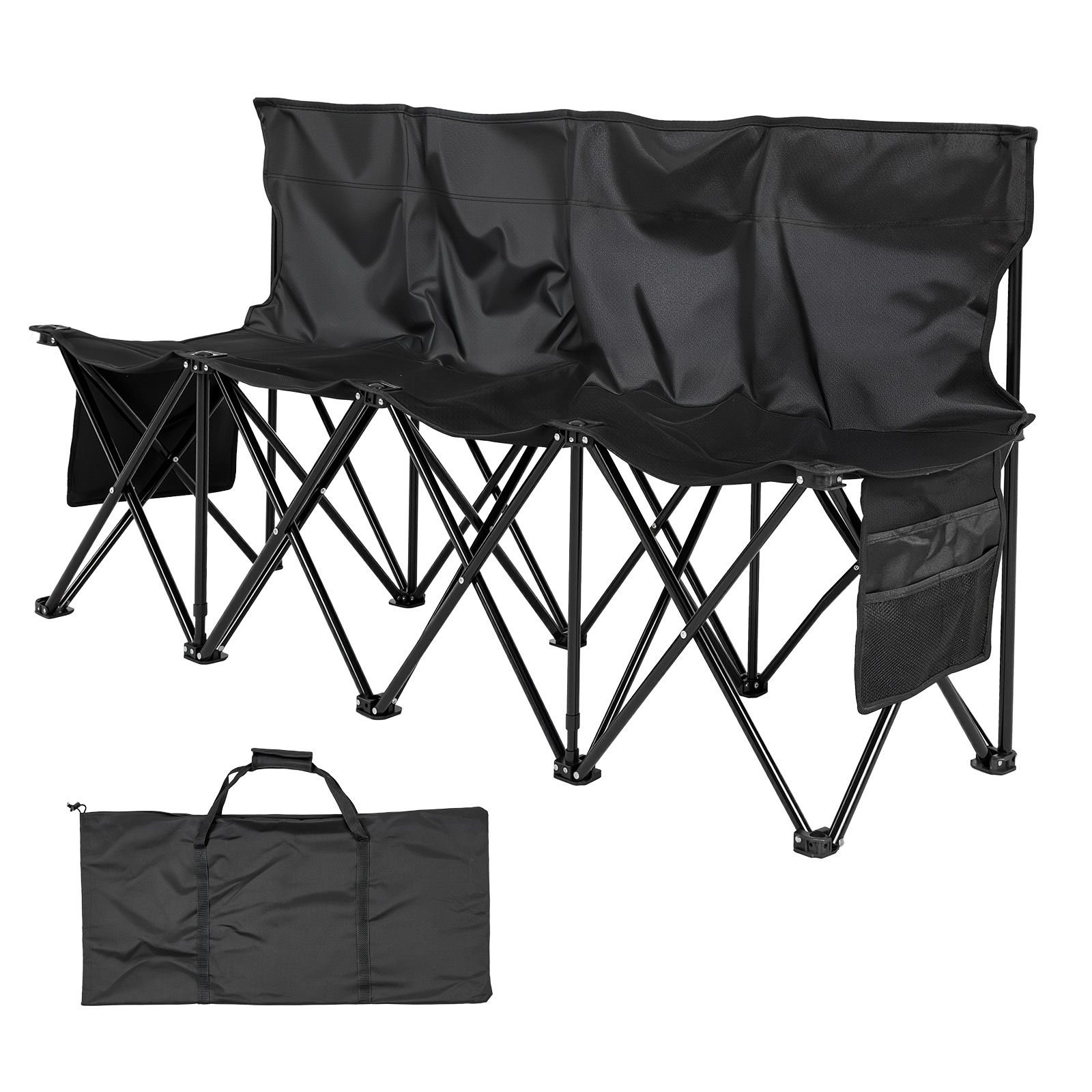 portable folding bench, 4 seat foldable soccer bench with side pockets and carrying bag, lightweight sideline seating with back rest for football, baseball, camping, outdoor events, black
