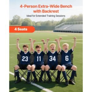 portable folding bench, 4 seat foldable soccer bench with side pockets and carrying bag, lightweight sideline seating with back rest for football, baseball, camping, outdoor events, black