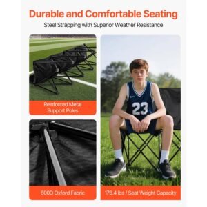portable folding bench, 4 seat foldable soccer bench with side pockets and carrying bag, lightweight sideline seating with back rest for football, baseball, camping, outdoor events, black