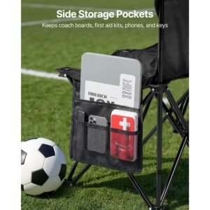 portable folding bench, 4 seat foldable soccer bench with side pockets and carrying bag, lightweight sideline seating with back rest for football, baseball, camping, outdoor events, black