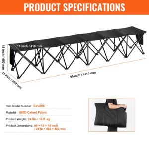 portable folding bench, 6 seat foldable soccer bench with side pockets and carrying bag, lightweight 600d oxford fabric sideline seating, for football, baseball, camping, outdoor events, black