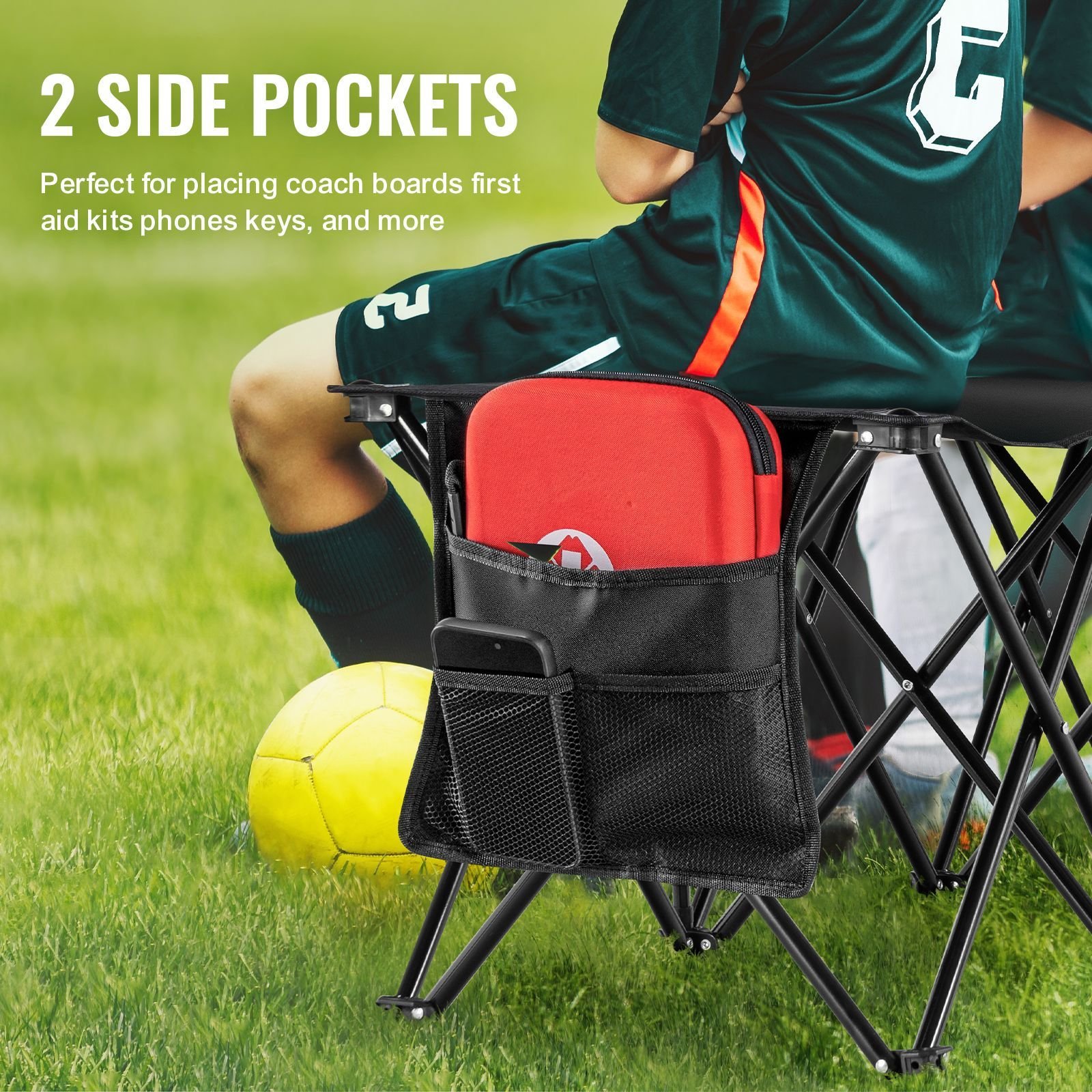 portable folding bench, 6 seat foldable soccer bench with side pockets and carrying bag, lightweight 600d oxford fabric sideline seating, for football, baseball, camping, outdoor events, black