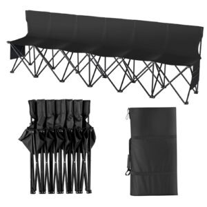 portable folding bench, 6 seat foldable soccer bench with side pockets and carrying bag, lightweight sideline seating with back rest for football, baseball, camping, outdoor events, black